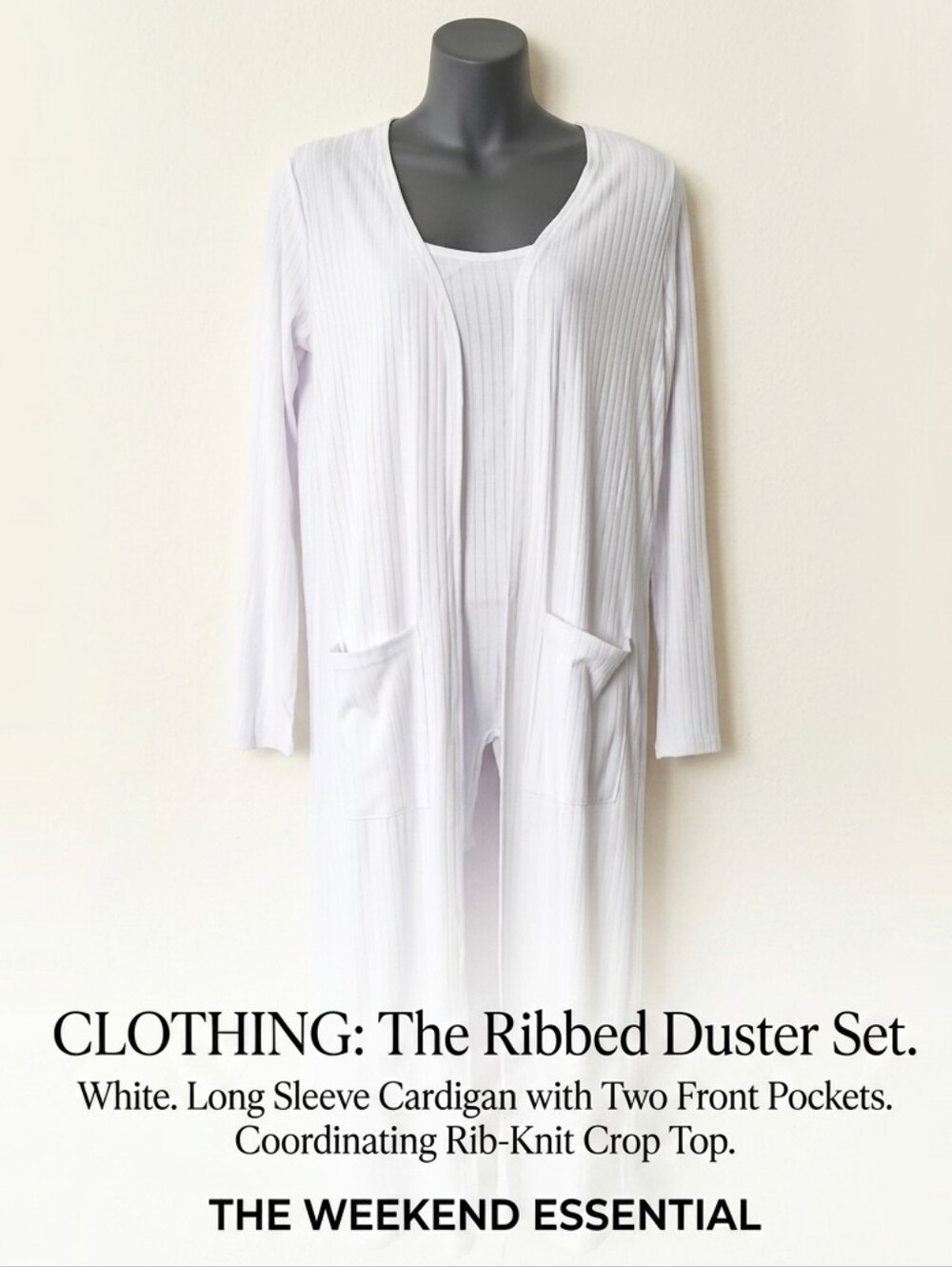 Ellie & kate White Romper Round Neck Sleeveless Ribbed & Long Cardigan W/Pockets